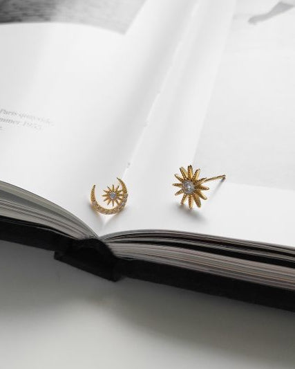 Soleil CZ Gold Sun & Moon Stud Earrings