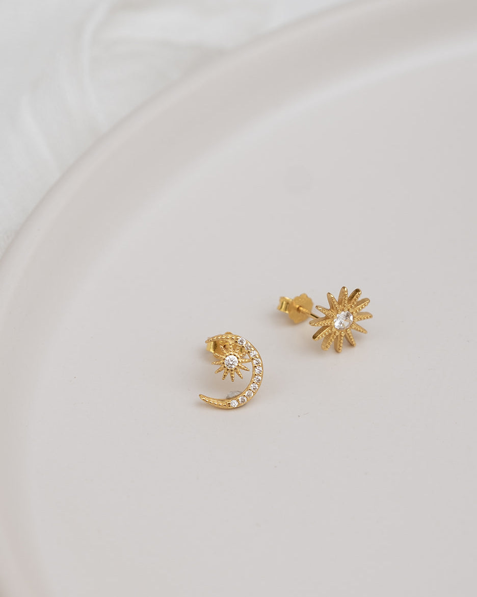 Soleil CZ Gold Sun & Moon Stud Earrings